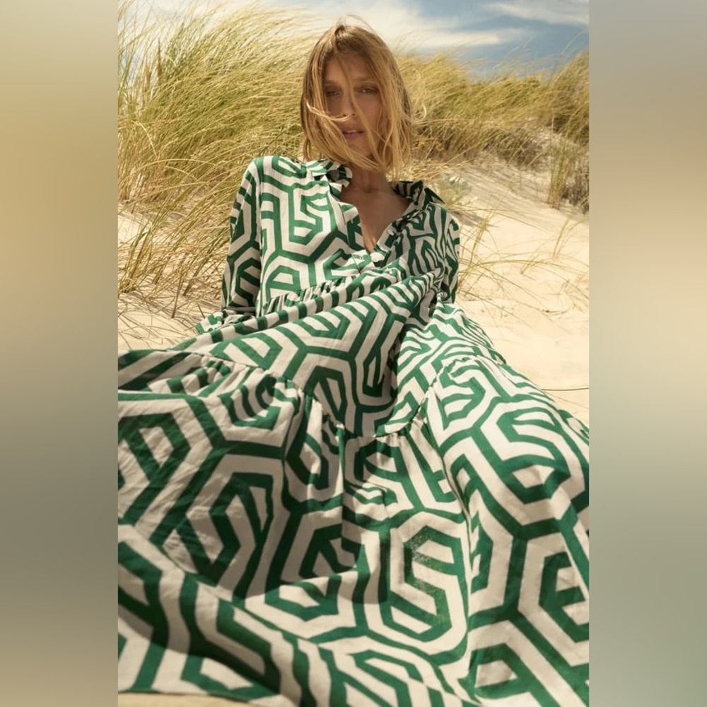ZARA Green Geometric Print Midi Dress Bloggers Favorite Cotton Tiered Size Small - Picture 5 of 14